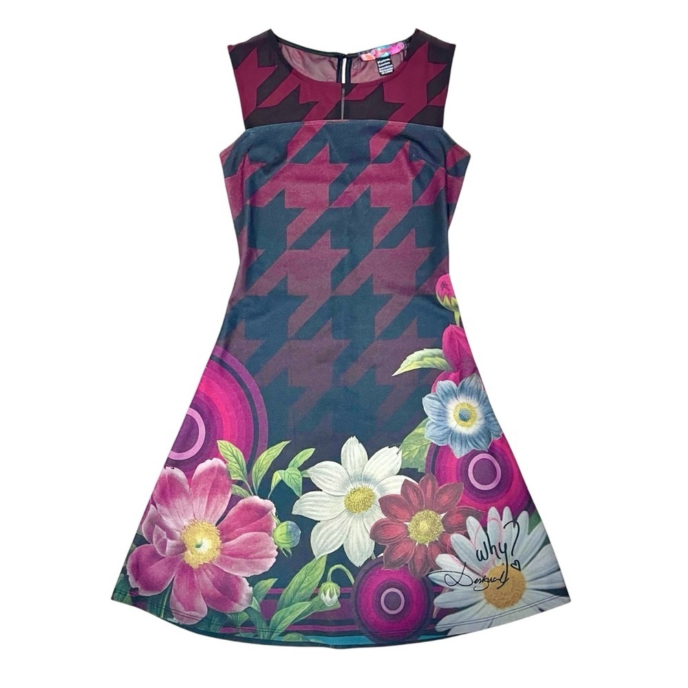 Desigual Barcelona Floral Houndstooth Sheer Illusion Neckline Why? Dress